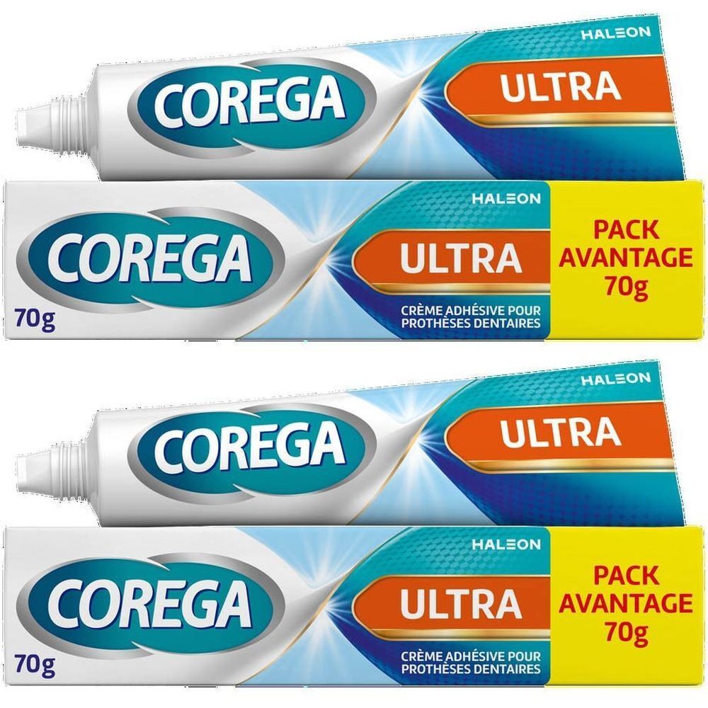 Quatre tubes de Corega Ultra Fresh Crème Adhesive. Emballage avec texte: Corega, Ultra, Pack Avantage 70g.