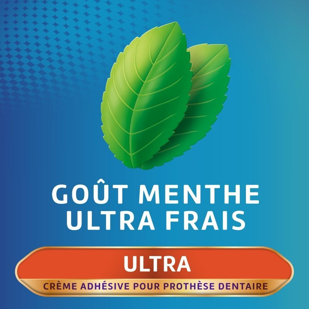 Deux feuilles de menthe et inscription "Ultra frais" sur fond bleu.