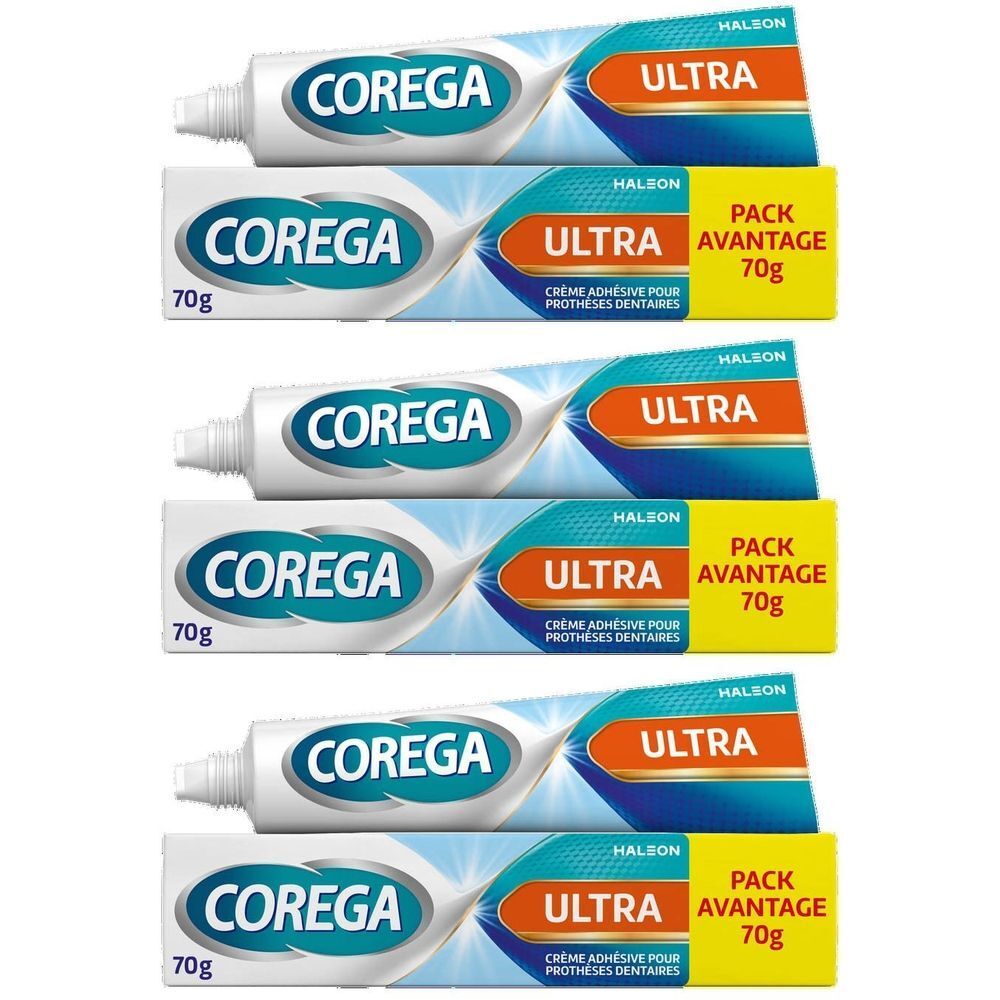 Tubes et emballages de crème adhésive pour prothèses dentaires. Inscription: COREGA ULTRA, 70g, Crème adhésive pour prothèses dentaires.