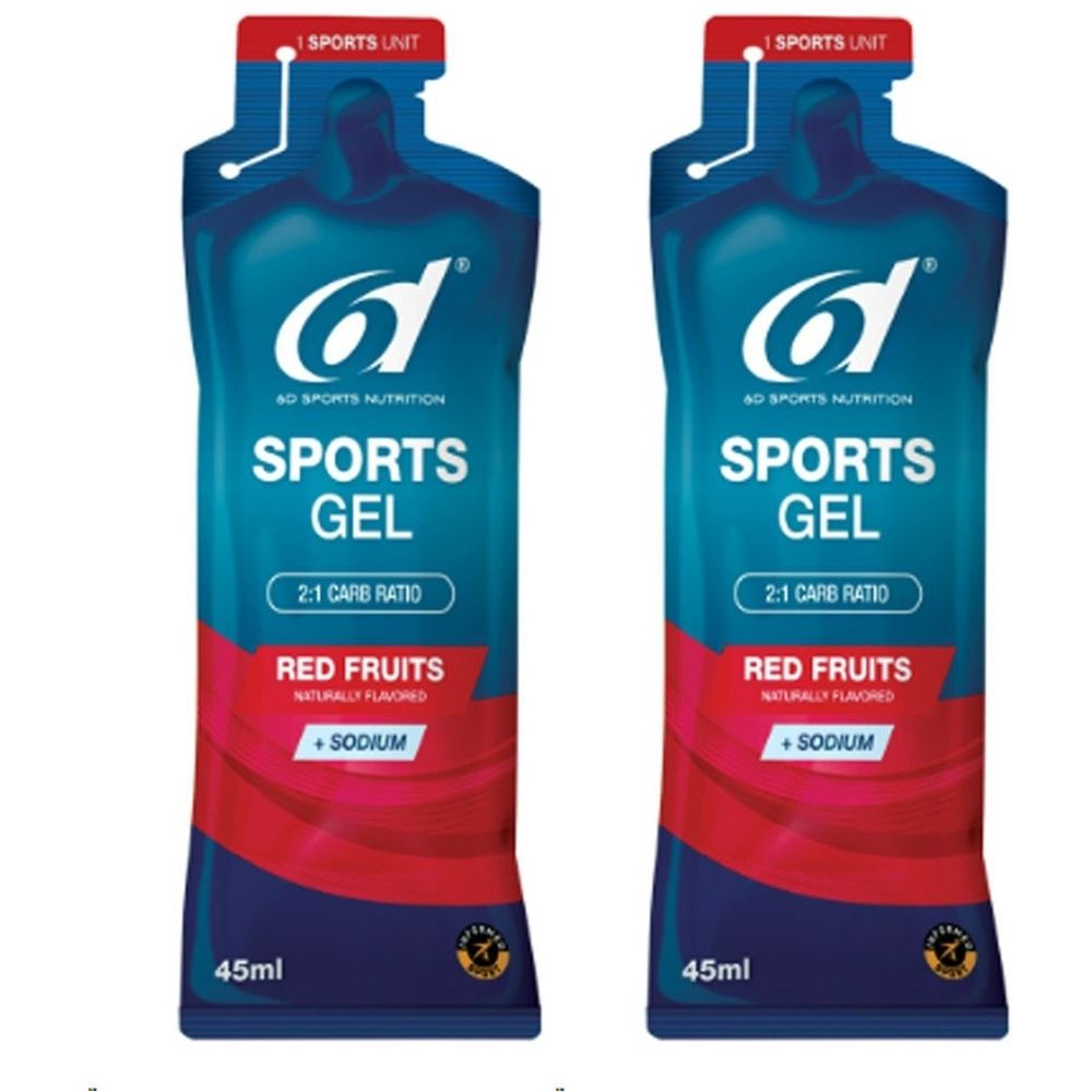 Deux sachets de gel sportif aux fruits rouges. Emballage bleu avec texte blanc. Contient 45ml. Inscription: Sports Gel, 2:1 Carb Ratio, Sodium.