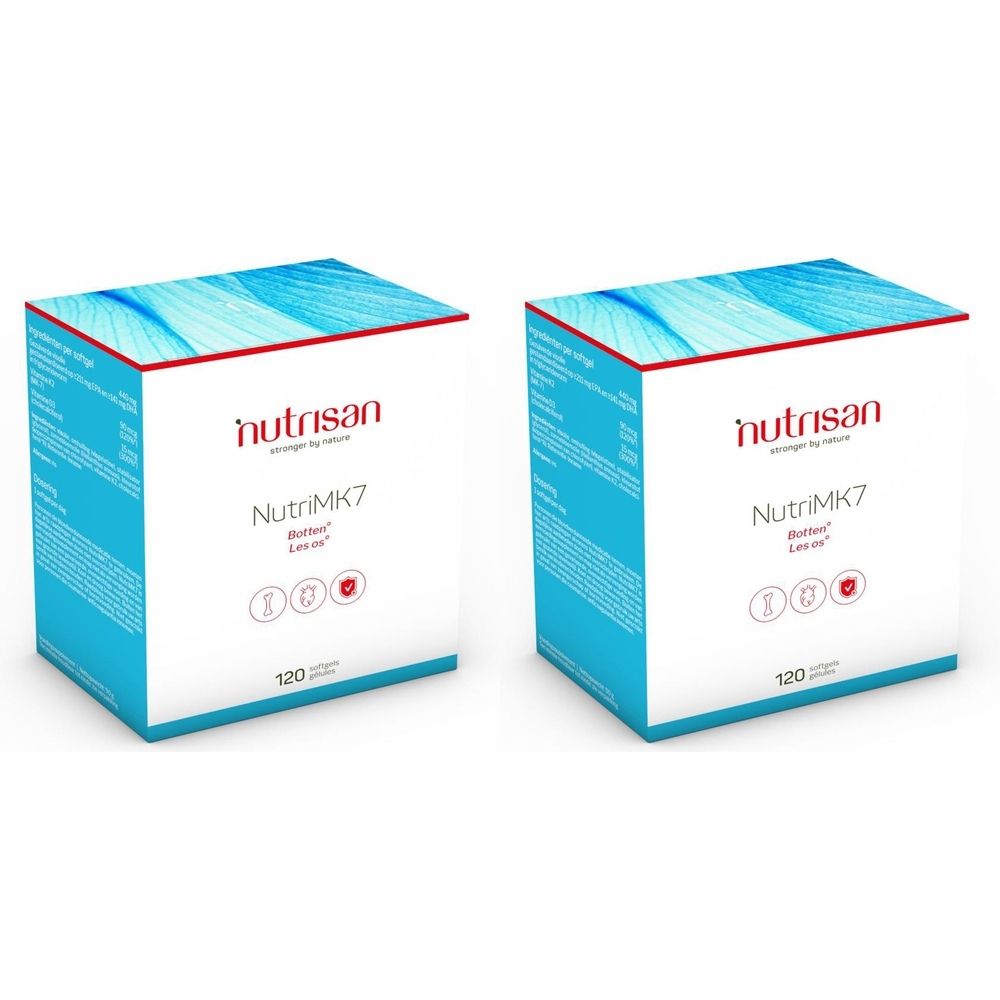 Deux boîtes carrées Nutrisan NutriMK7. Emballage bleu et blanc avec texte rouge. Contient 120 gélules.