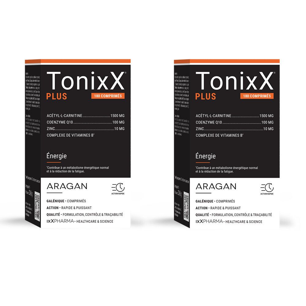 Deux boîtes de TonixX Plus. Emballage noir avec texte blanc. Contient 180 comprimés. Liste des ingrédients et logo de la marque visibles.