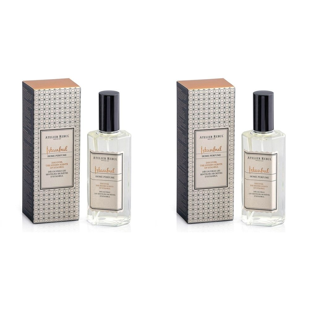 Deux flacons avec bouchon noir et emballage rectangulaire. Inscription : ATELIER REBUL Istanbul Home Parfüm.