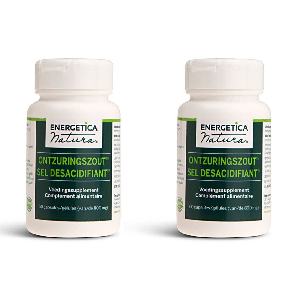 Deux flacons blancs avec étiquette verte. Inscription : ENERGETICA NATURA, Ontzuringszout, Sel Désacifiant. 60 capsules.