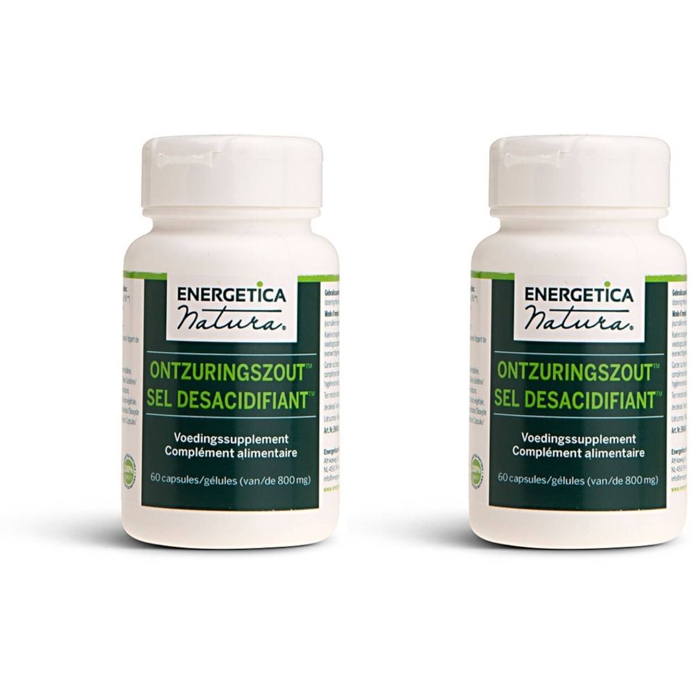 Deux flacons blancs avec étiquette verte. Inscription : ENERGETICA NATURA, Ontzuringszout, Sel Désacifiant. 60 capsules.