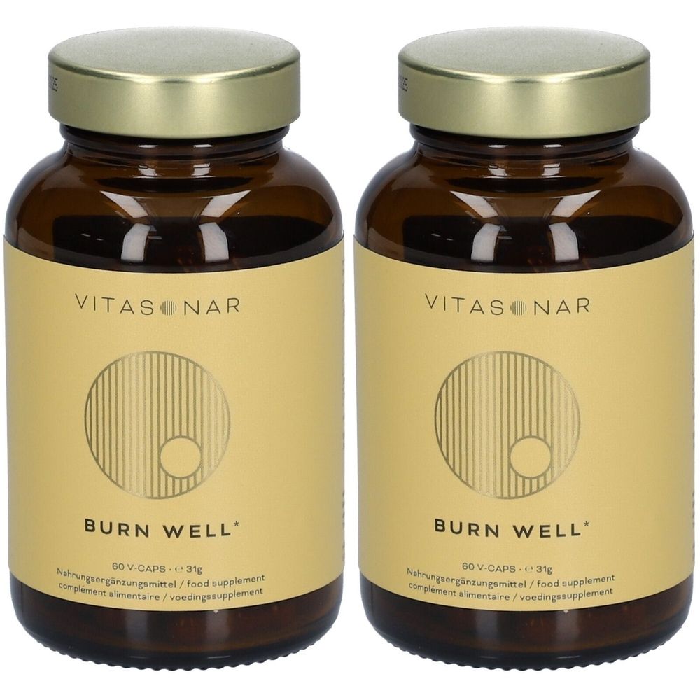 Deux flacons en verre brun avec des couvercles et des étiquettes dorées. Les étiquettes indiquent "VITASONAR" et "BURN WELL".