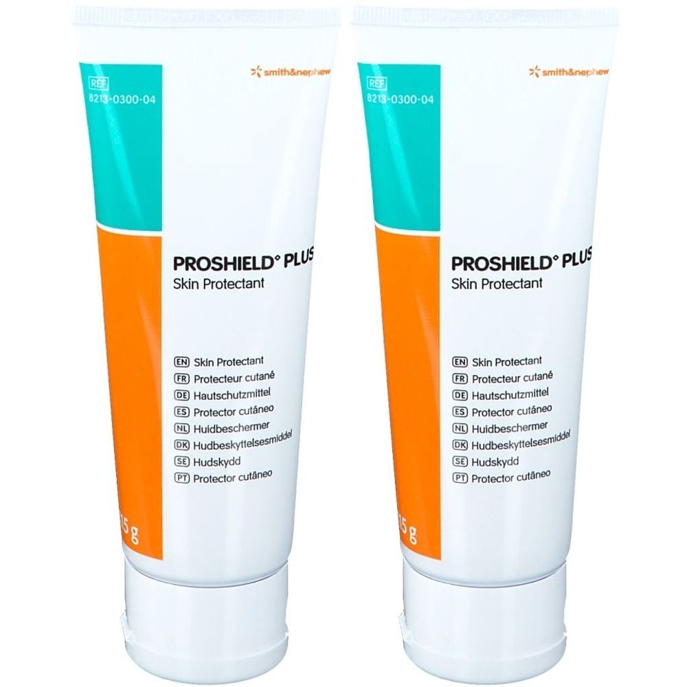 Deux tubes de Proshield Plus Skin Protectant. Tubes blancs avec design bleu et orange. Texte multilingue.
