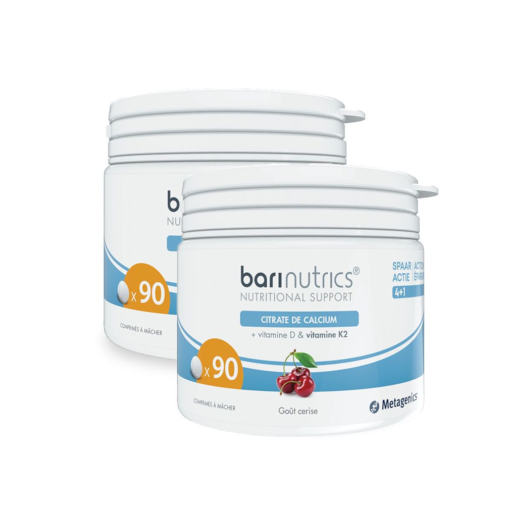 Deux pots blancs BariNutrics. Inscription: Citrate de Calcium, vitamine D & K2, 90 comprimés, goût cerise. Logo Metagenics.