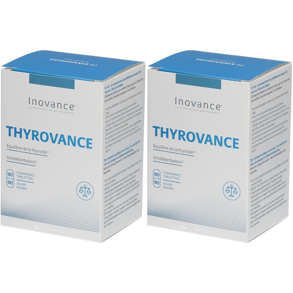 Deux boîtes de Inovance Thyrovance. Emballage bleu et blanc avec nom et logo du produit. Contient 90 comprimés.