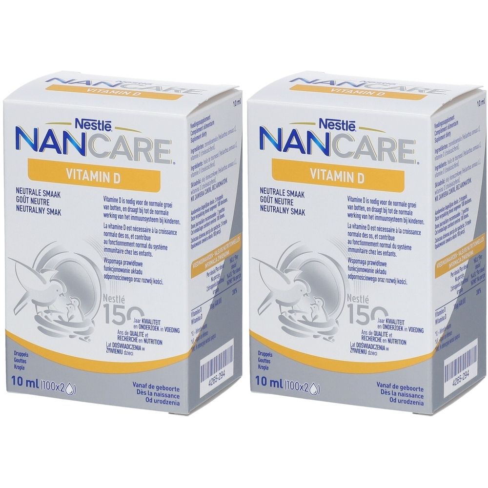 Deux boîtes de Nestle NANCARE Vitamine D. Boîtes blanches avec texte bleu et jaune. Contient 150 UI de vitamine D.