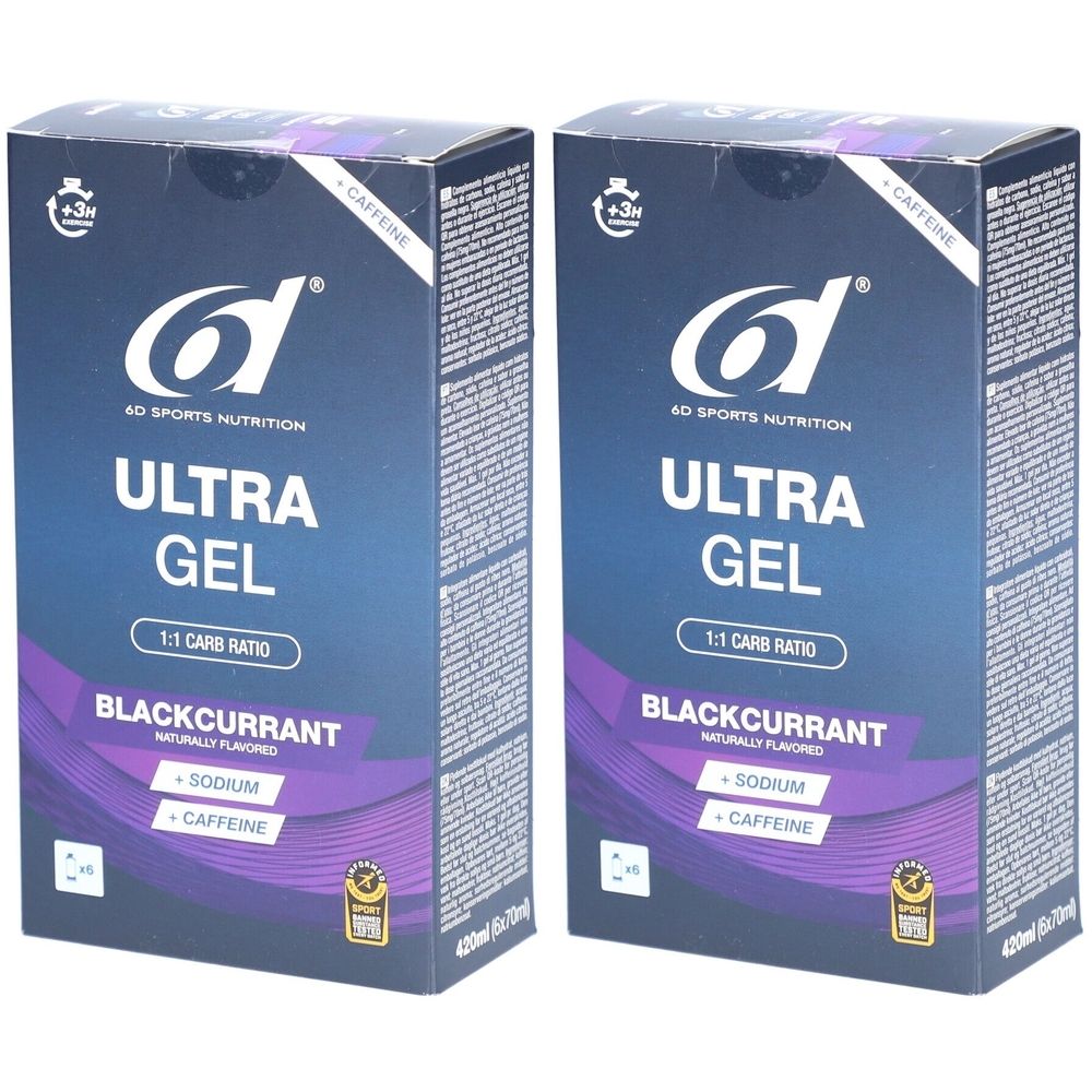 Deux boîtes de 6D SPORTS NUTRITION Ultra Gel Cassis. Inscription : Ultra Gel, 1:1 Carb Ratio, Blackcurrant, Sodium, Caffeine.