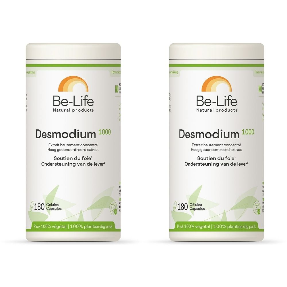 Deux boîtes blanches avec étiquette verte. Inscription: Be-Life Desmodium 1000. Contient 180 gélules. Texte en français et néerlandais.