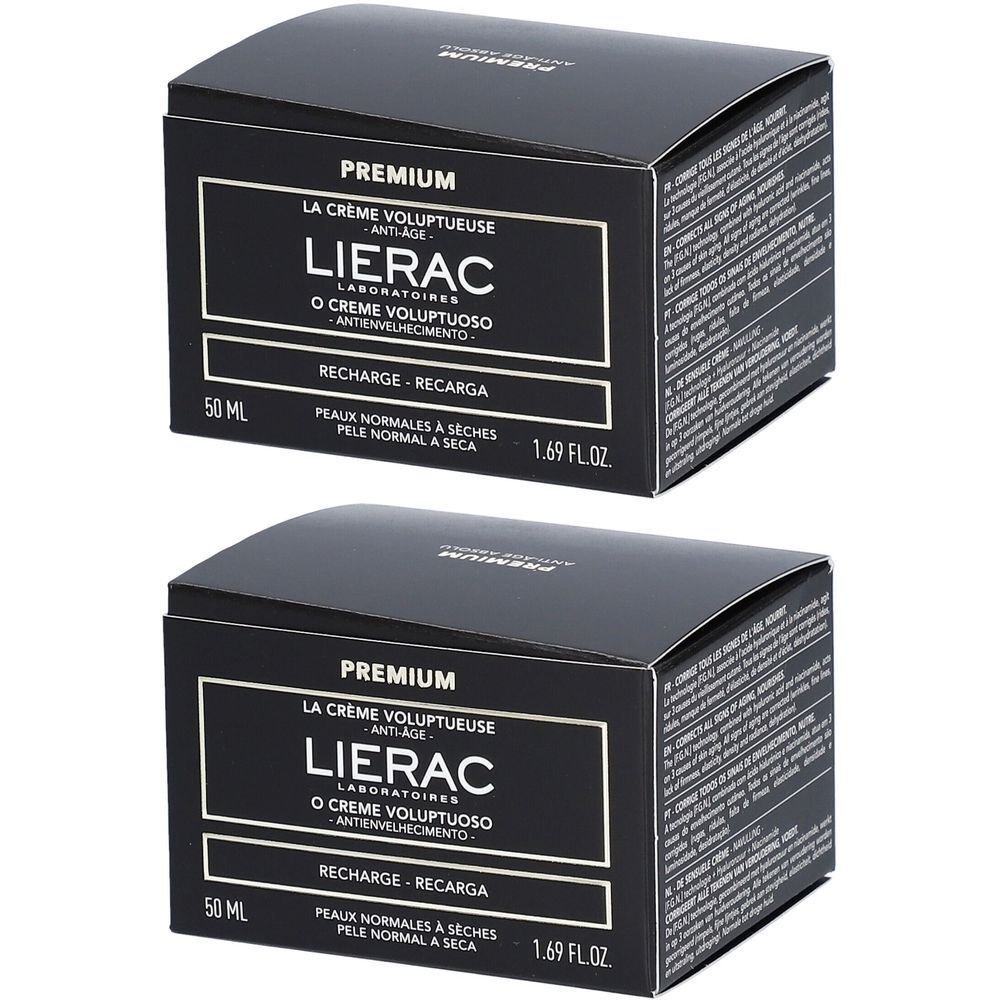 Deux boîtes noires avec étiquettes de produit. Marque Lierac, texte : Premium, La Crème Voluptueuse.