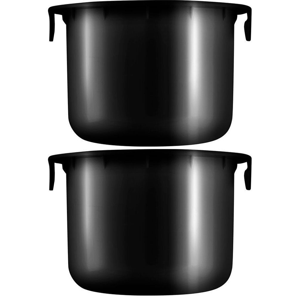 Deux contenants noirs cylindriques avec poignées. Surfaces brillantes.