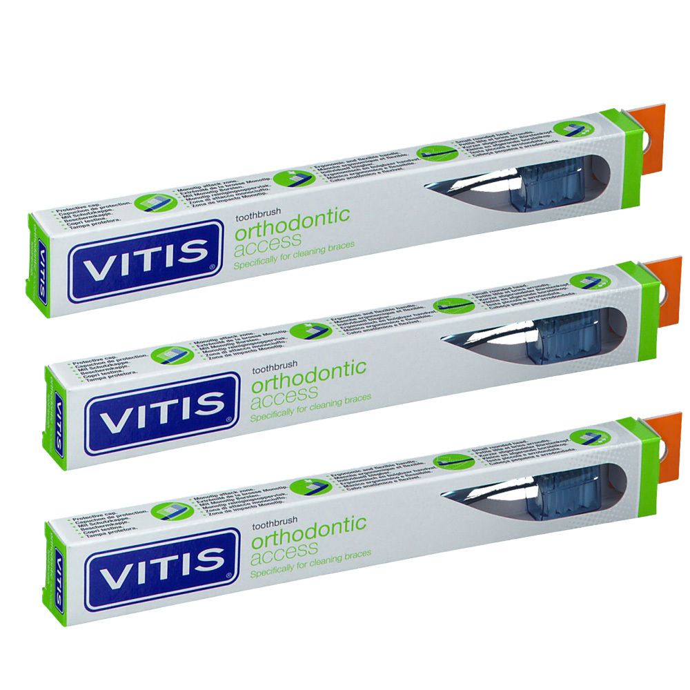 Trois brosses à dents en emballage. Logo VITIS® et nom du produit. Emballage vert et blanc.