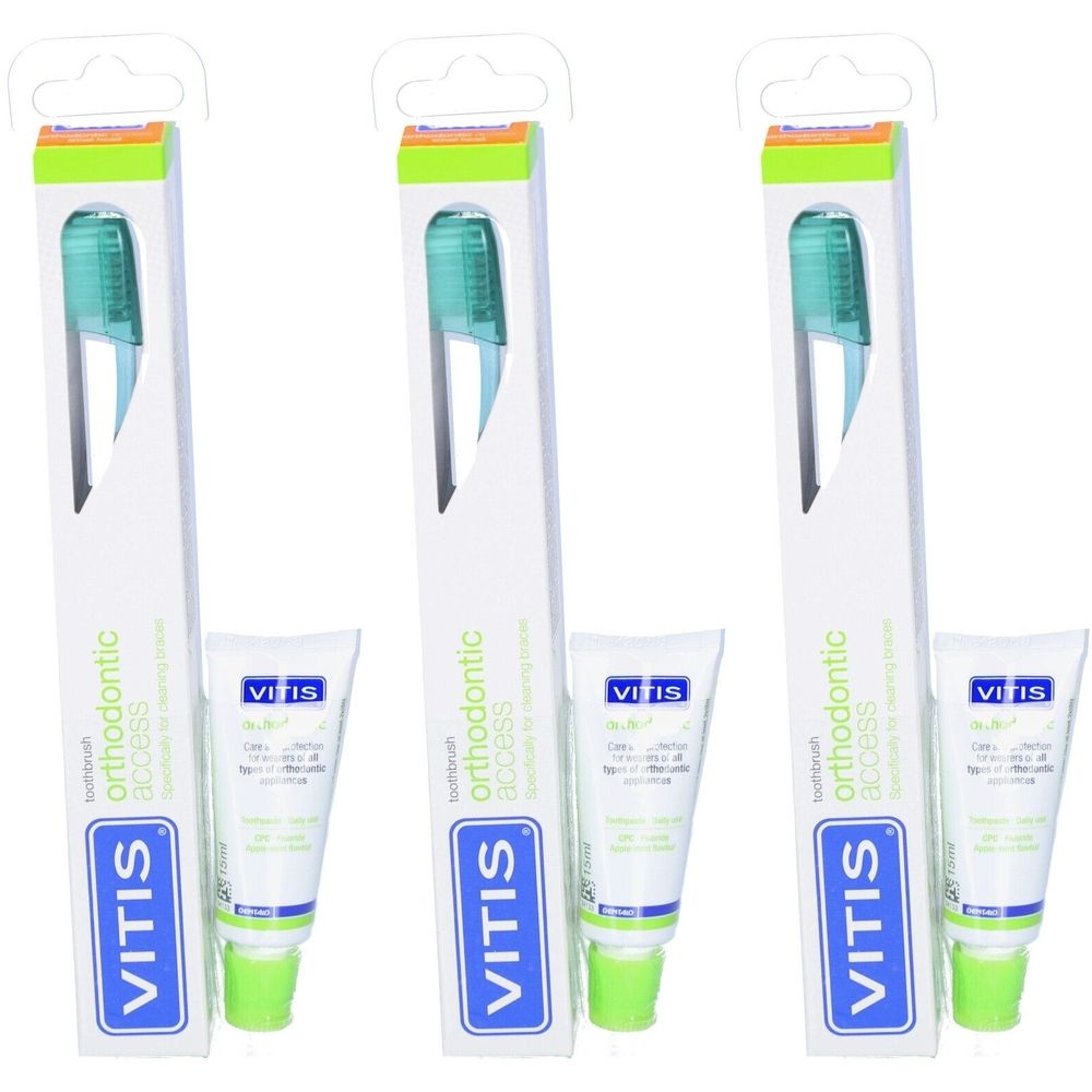 Brosse à dents et dentifrice en emballage. Logo VITIS® et nom du produit. Emballage vert et blanc.