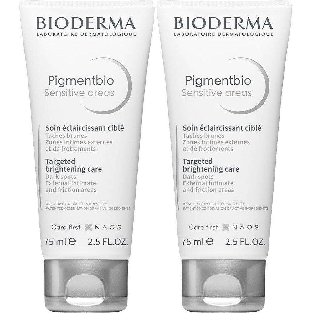 Deux tubes de Bioderma Pigmentbio. Tubes blancs avec bouchons gris. Nom du produit et informations sur le devant.