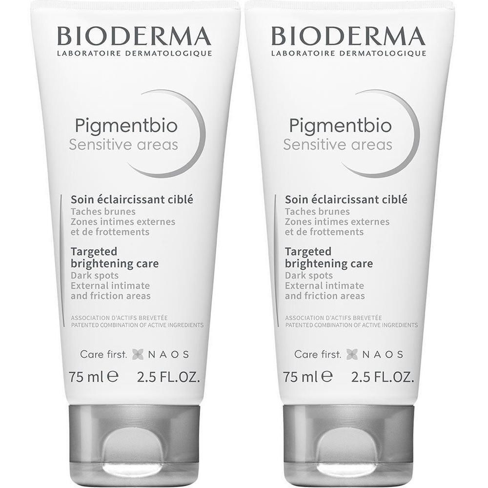 Deux tubes de Bioderma Pigmentbio. Tubes blancs avec bouchons gris. Nom du produit et informations sur le devant.