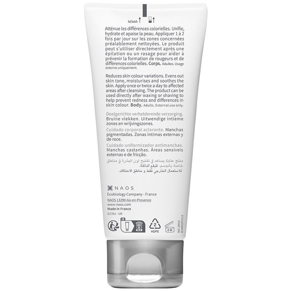 Dos d'un tube Bioderma Pigmentbio. Texte en plusieurs langues. Bouchon gris.