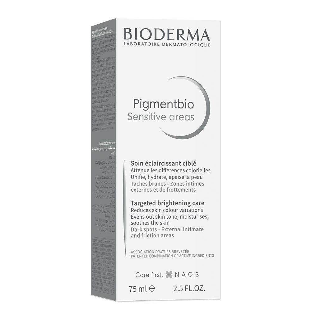 Boîte Bioderma Pigmentbio. Blanche avec informations produit et logo. 75 ml.
