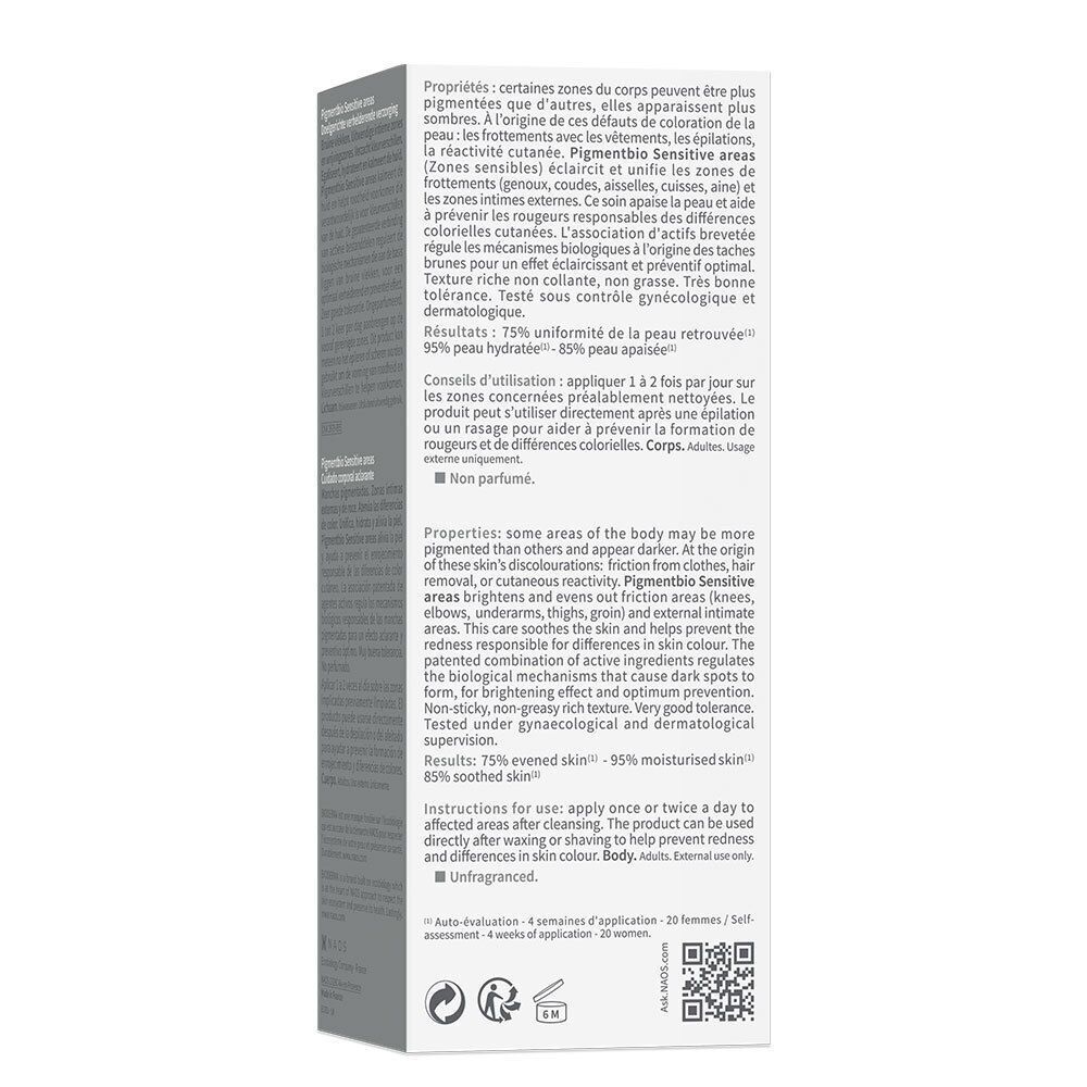 Dos de la boîte Bioderma Pigmentbio. Texte en plusieurs langues. Informations sur le produit.