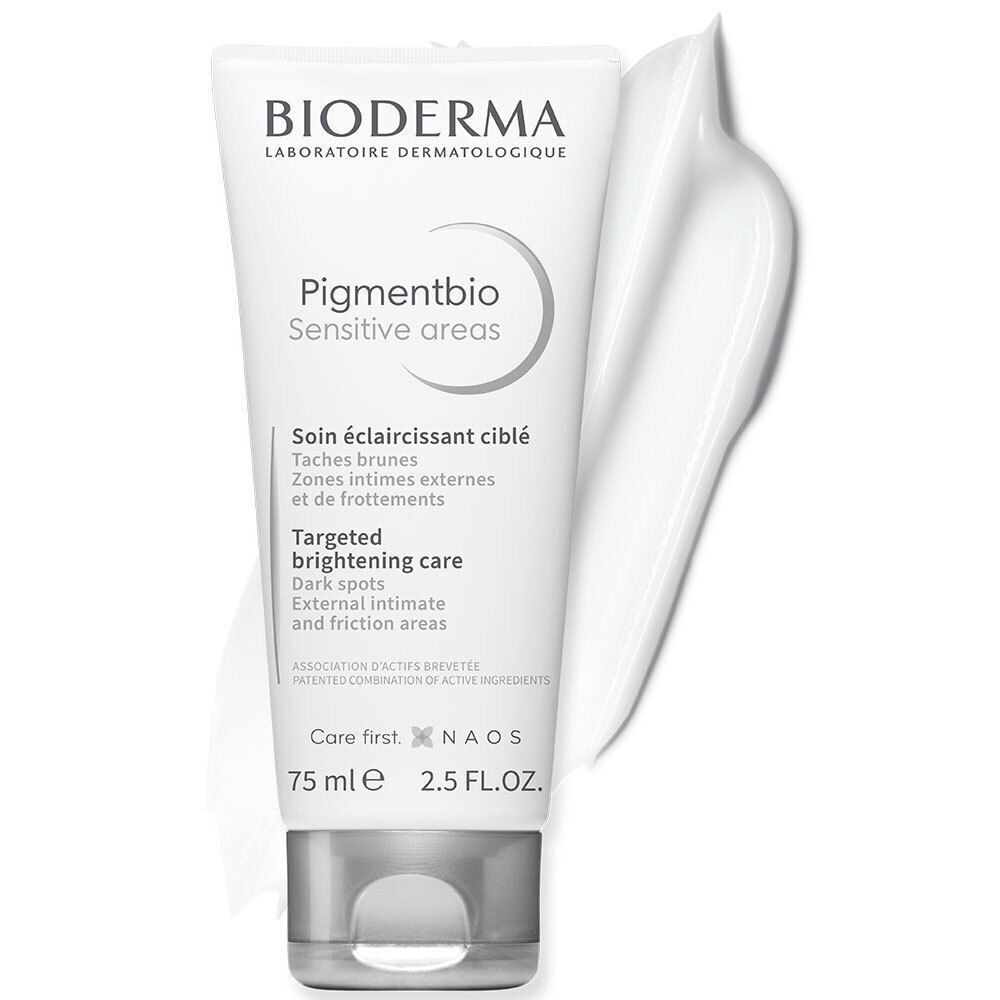 Tube Bioderma Pigmentbio avec produit. Tube blanc avec bouchon gris. Produit sur fond blanc.