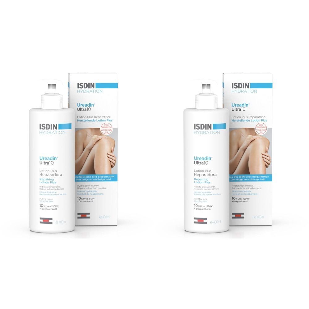 Deux flacons et emballages. Inscription ISDIN, Ureadin Ultra10. Flacons blancs avec étiquette bleue et emballage blanc.
