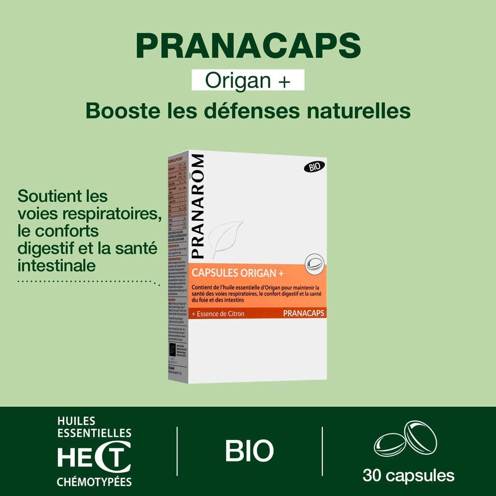Deux boîtes de capsules. Inscription: Pranarom, Capsules Origan +, Essence de Citron. Des gélules jaunes sont à côté.