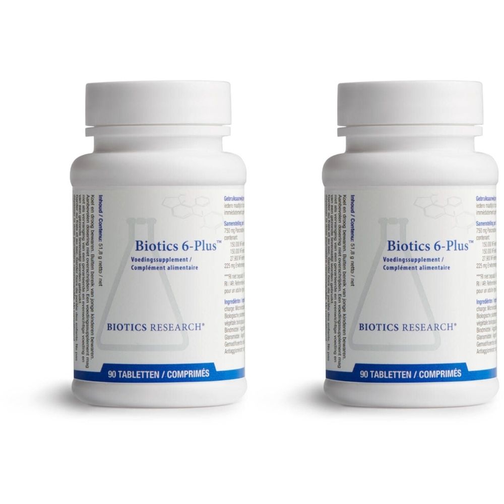 Deux flacons blancs avec étiquettes. Inscription: Biotics 6-Plus, 90 comprimés. Marque: Biotics Research.