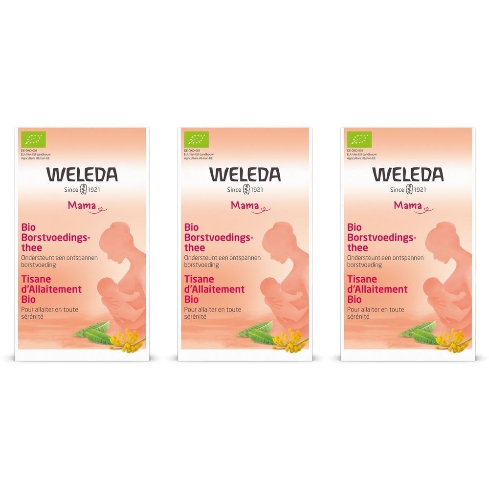 Trois boîtes de thé Weleda Mama allaitement. Certification bio. Image femme et bébé. Texte en allemand, français et néerlandais.