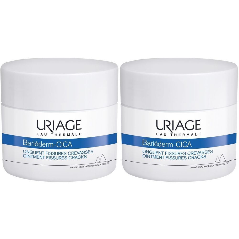 Deux pots blancs URIAGE Bariéderm-CICA, bande bleue, texte. Onguent fissures crevasses.