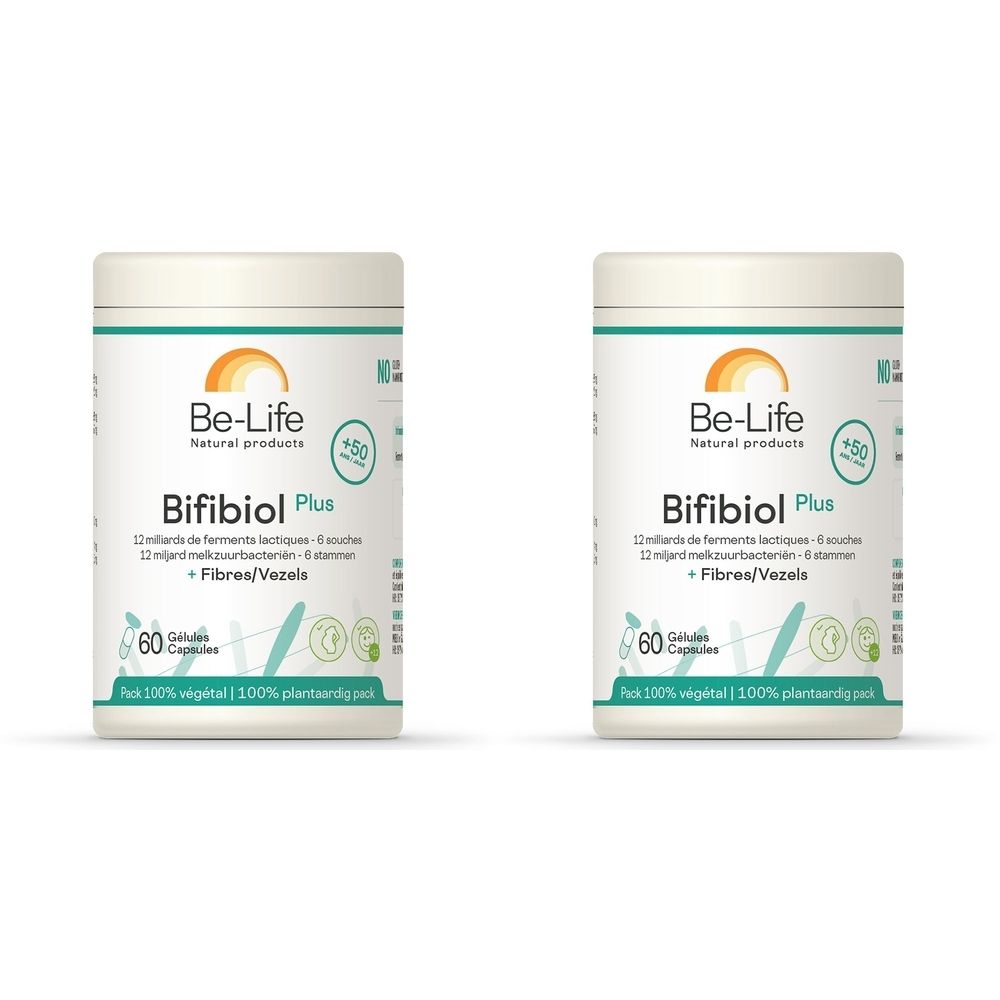 Deux boîtes blanches avec texte vert et orange. Inscription: Be-Life Bifibiol Plus, 60 gélules.