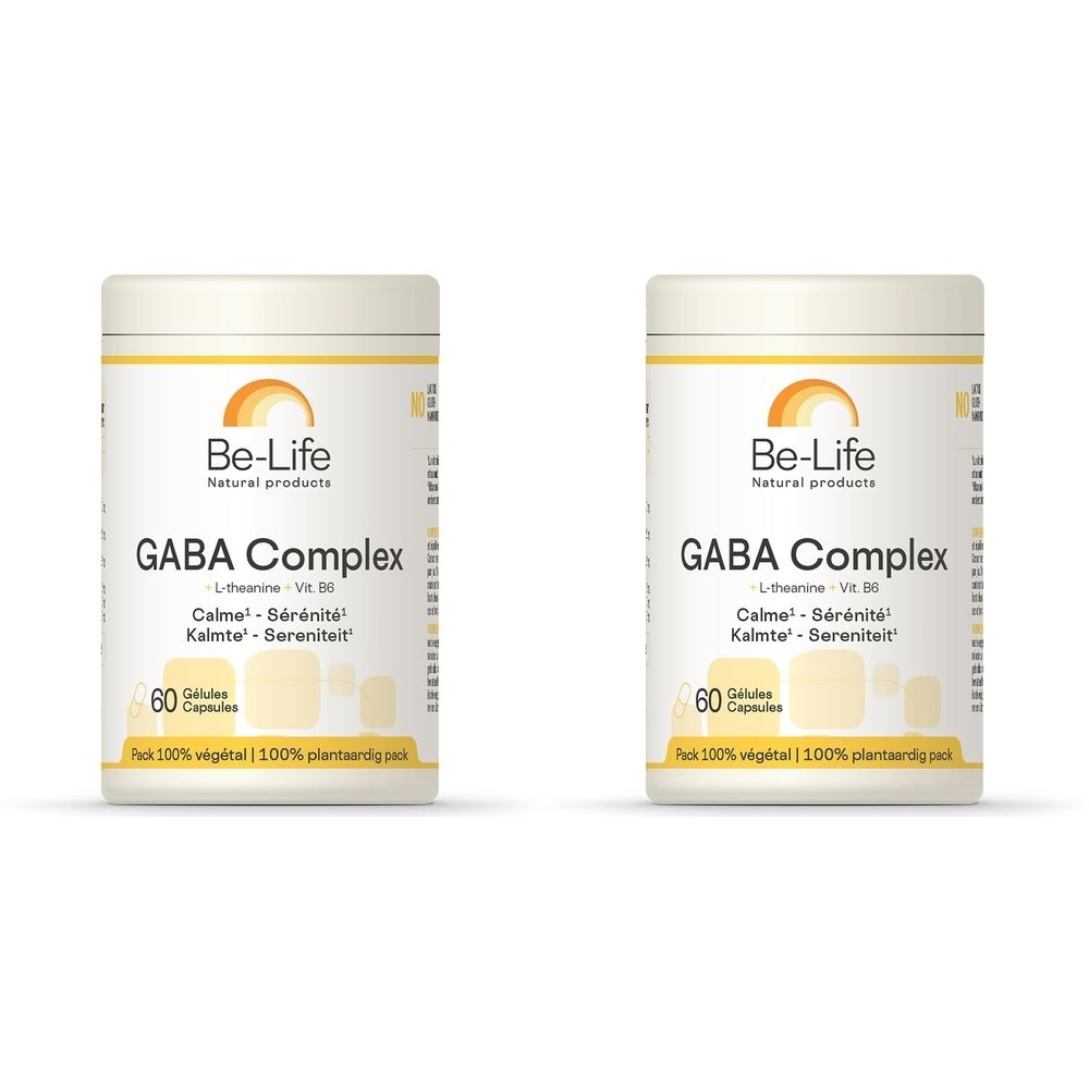 Deux boîtes blanches 'Be-Life GABA Complex'. Contient 60 gélules. Logo et texte multilingue. Emballage végétal.