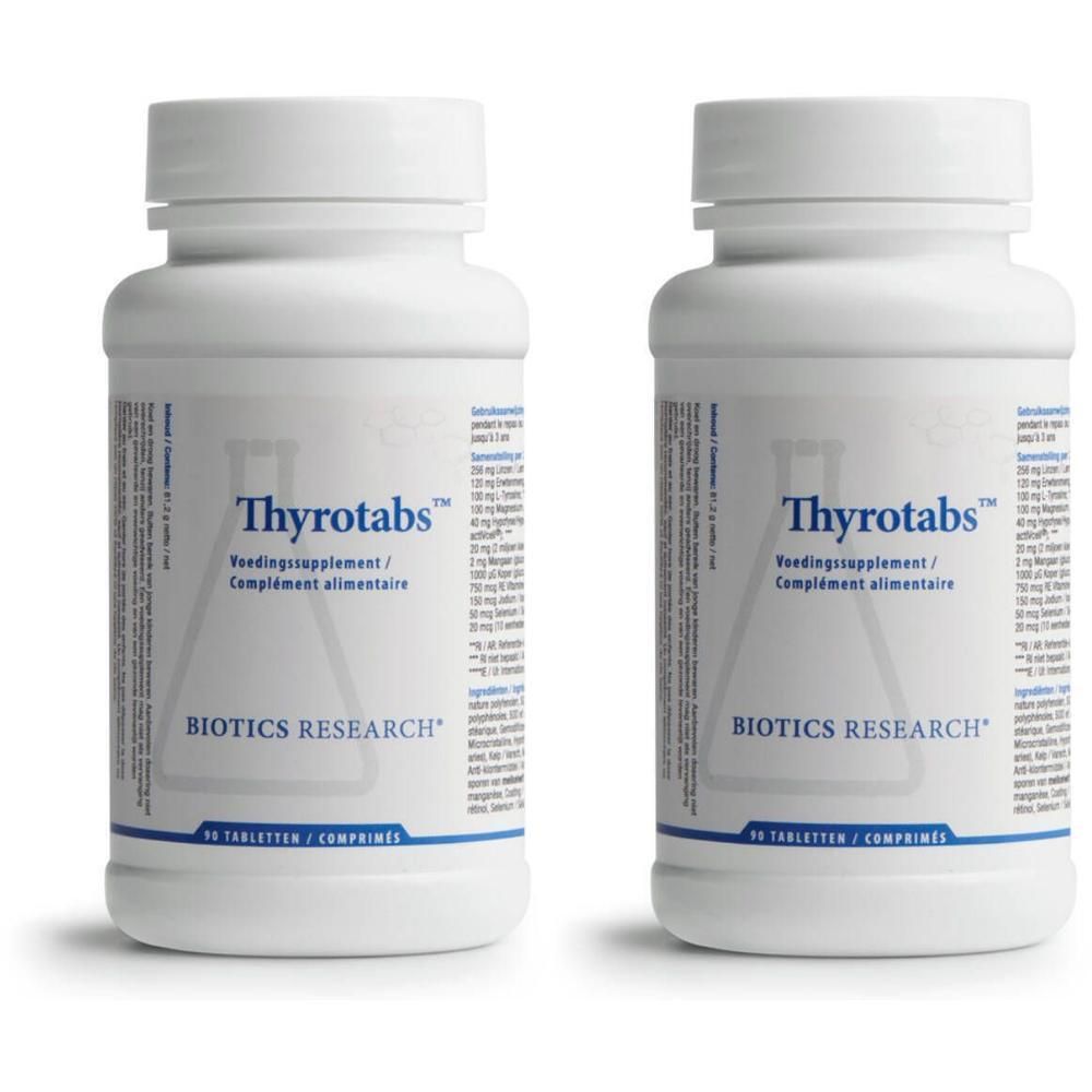 Deux flacons blancs Thyrotabs™. Inscription: BIOTICS RESEARCH®. Étiquette avec informations produit. Bouchons en haut.
