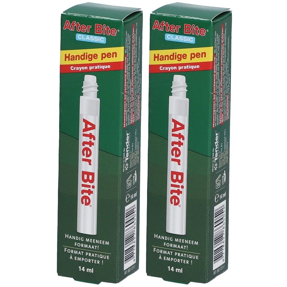 Deux After Bite en emballage. Boîte verte avec stylo blanc. Inscription : After Bite, 14 ml.