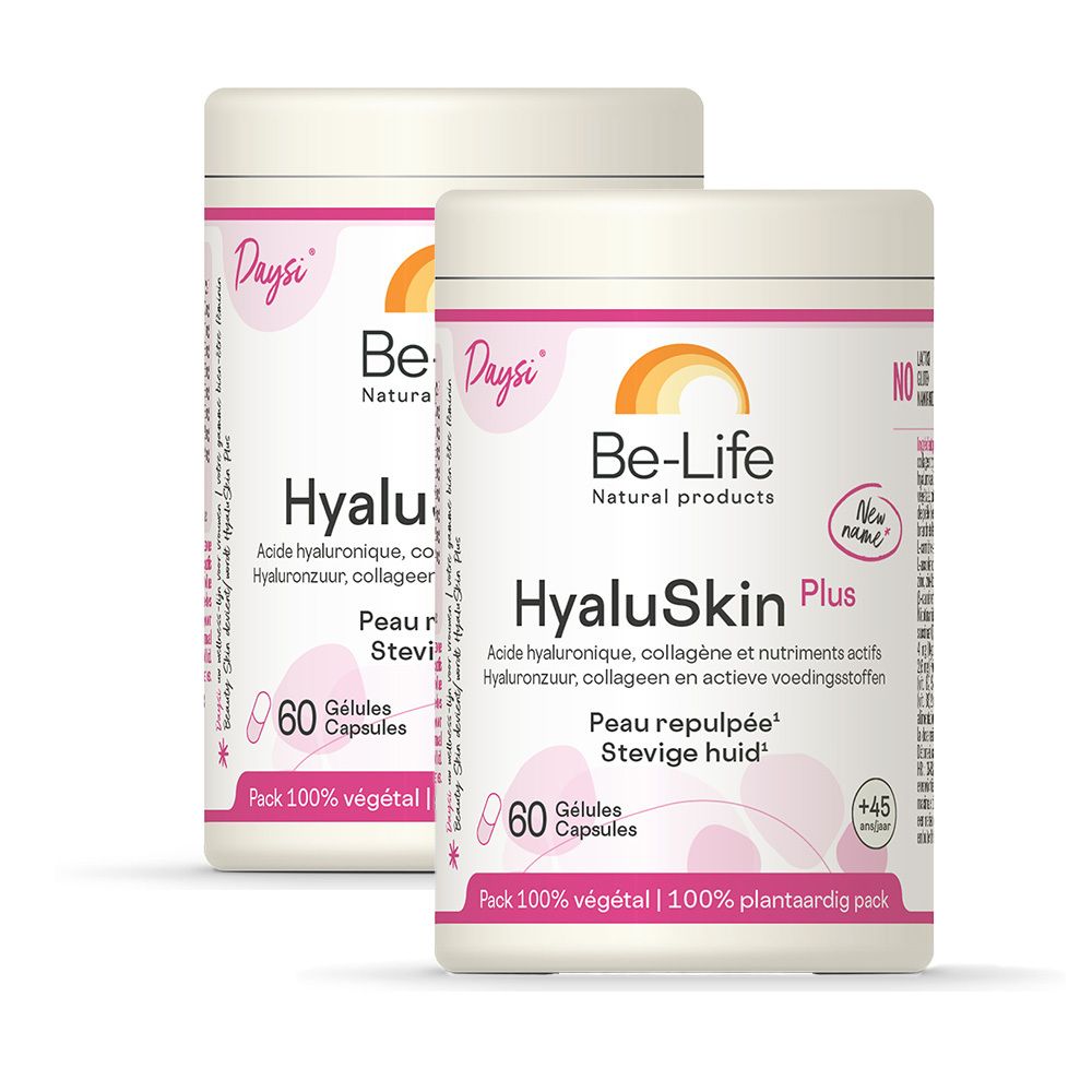 Deux boîtes blanches avec détails roses. Inscription: Be-Life HyaluSkin Plus. Contient 60 gélules. 100% végétal.