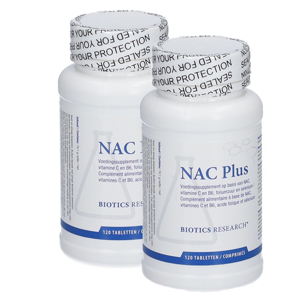 Deux flacons blancs NAC Plus. Logo BIOTICS RESEARCH. 120 comprimés. Sceau sur le couvercle. Vue perspective.