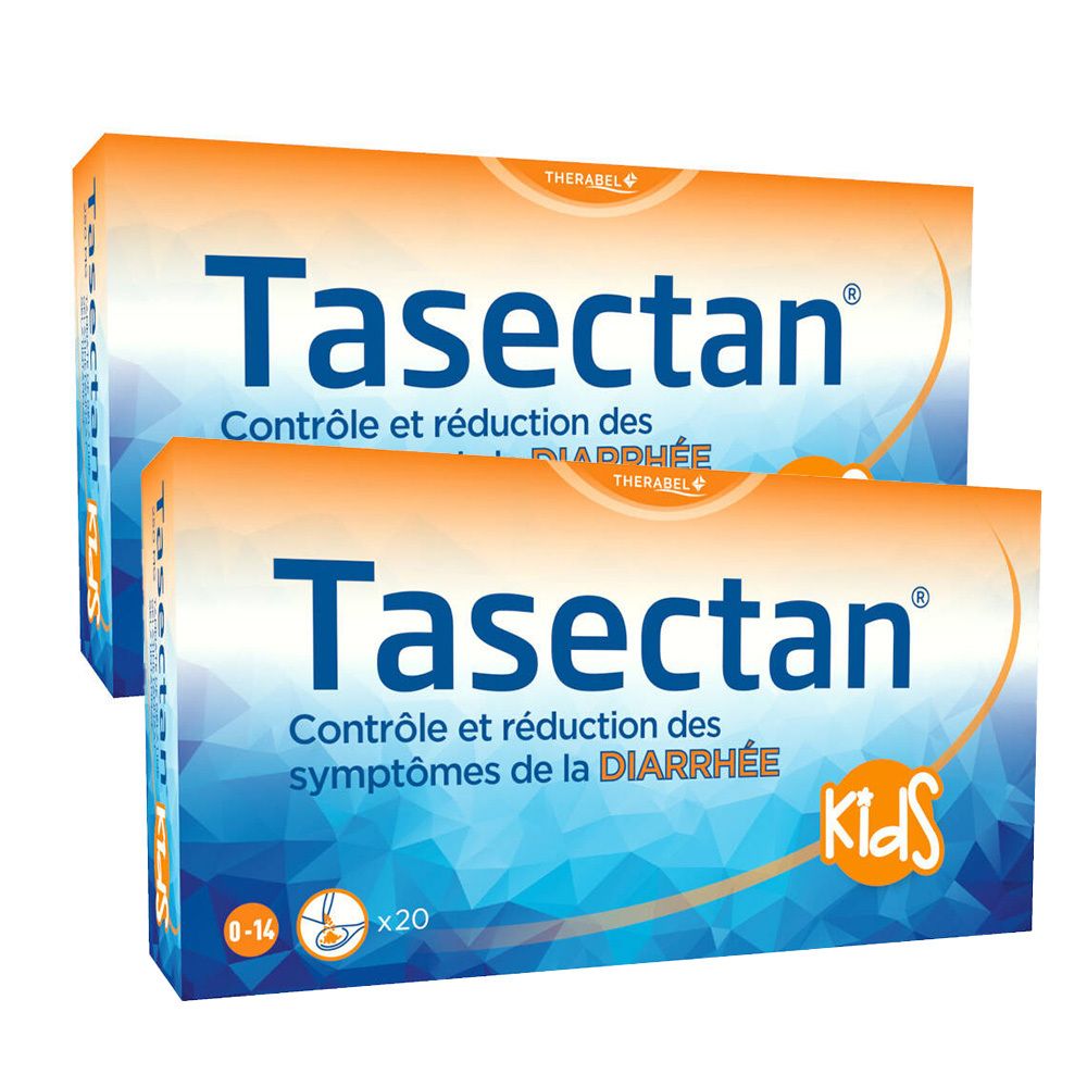 Deux boîtes de Tasectan Kids. Inscription: Contrôle et réduction des symptômes de la diarrhée. Emballage orange et bleu.