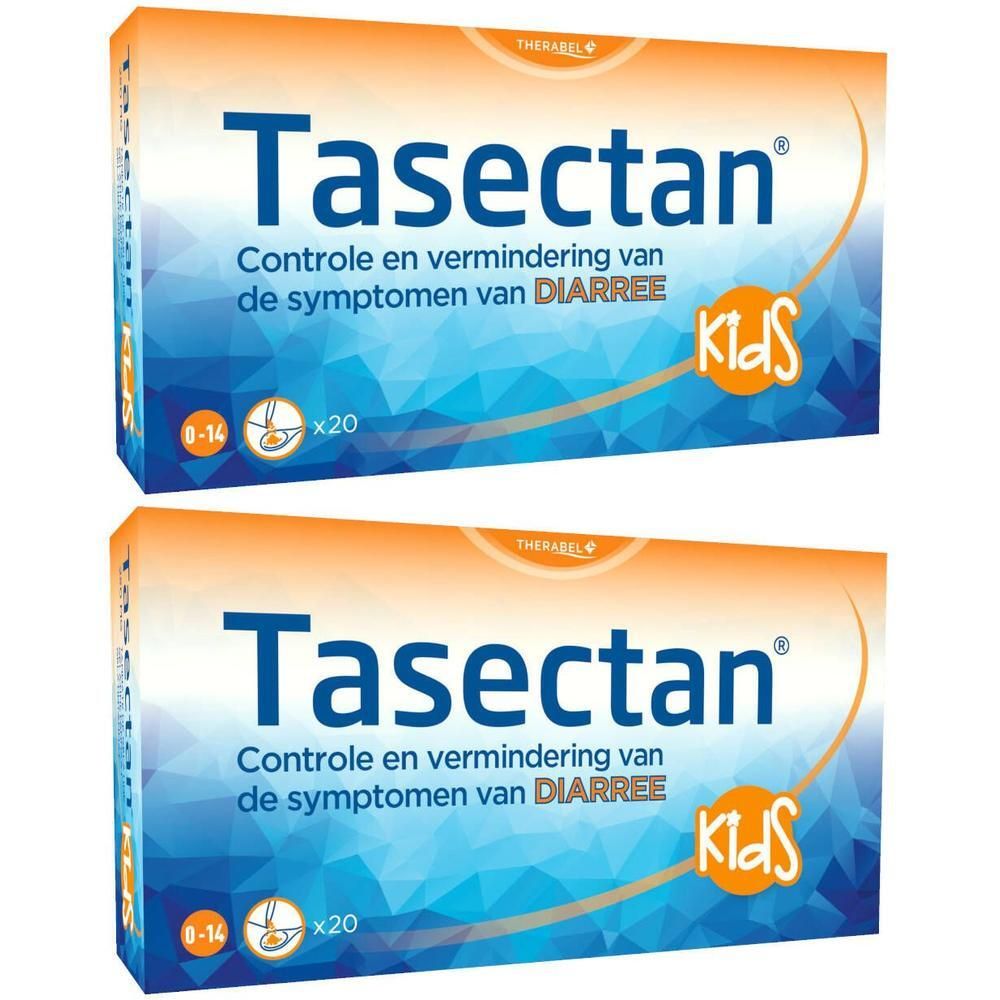 Deux boîtes de Tasectan Kids. Inscription: Contrôle et réduction des symptômes de la diarrhée. Emballage orange et bleu.