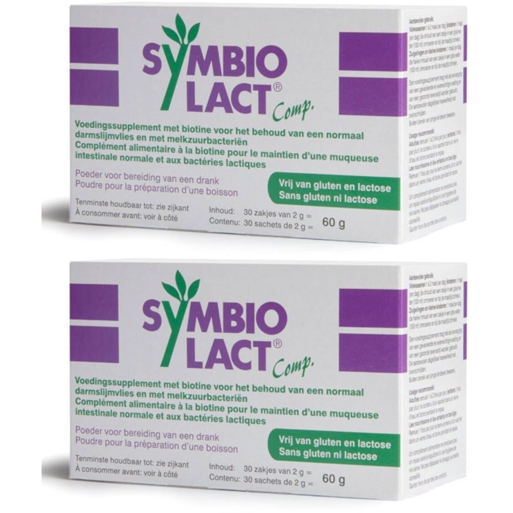 Deux boîtes de Symbiolact Comp. avec texte vert et accents violets. Texte: sans gluten et lactose. Contenu: 30 sachets.