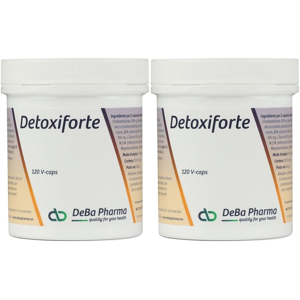 Deux pots blancs avec couvercles. Inscription Detoxiforte, 120 V-caps et DeBa Pharma. Dégradé de couleurs jaune-orange.