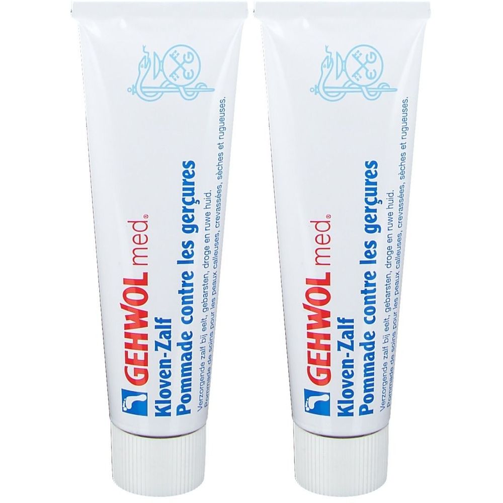 Deux tubes de GEHWOL med. Pommade contre les gerçures. Tubes blancs, texte bleu et logo. Inscription en plusieurs langues.