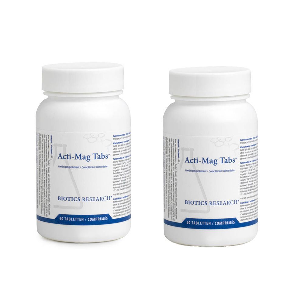 Deux flacons blancs Acti-Mag Tabs. Inscription: BIOTICS RESEARCH, Acti-Mag Tabs, 60 comprimés.