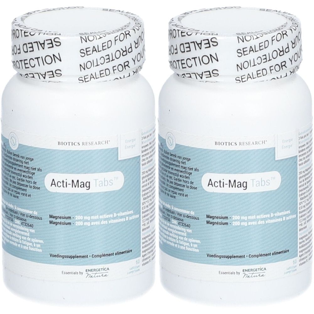 Deux flacons blancs Acti-Mag Tabs. Inscription: BIOTICS RESEARCH, Acti-Mag Tabs, Magnésium 200 mg.