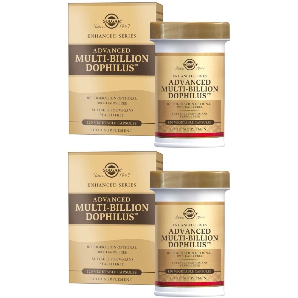 Deux boîtes et flacons Solgar® Advanced Multi-Billion Dophilus™. Flacons avec couvercle doré, étiquette blanche et texte marron.