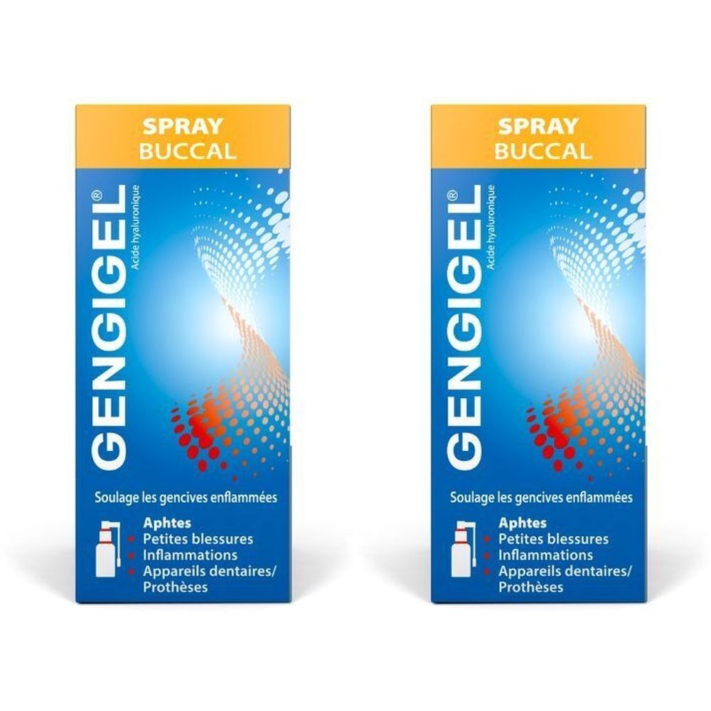 Deux boîtes de Gengigel Spray buccal. Emballage bleu et orange avec nom du produit et texte.