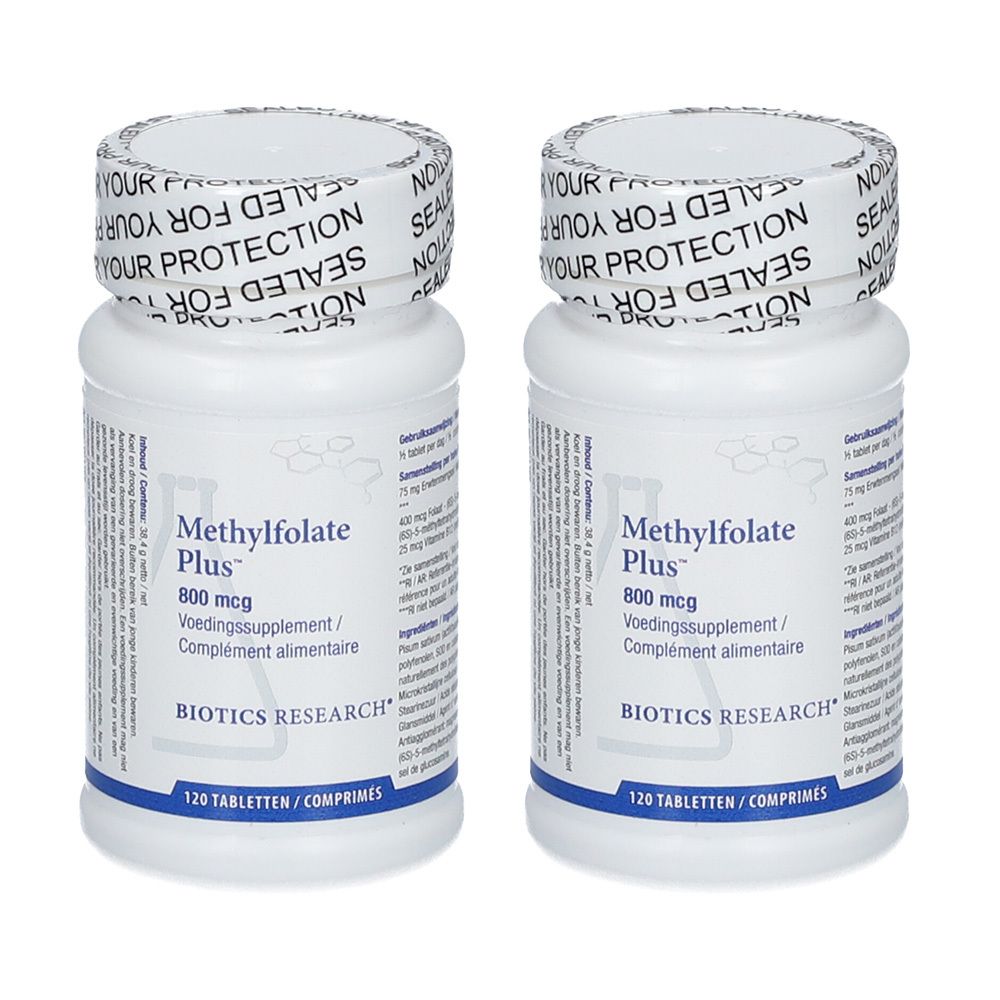 Deux flacons blancs avec étiquette. Inscription: Methylfolate Plus, 800 mcg. BIOTICS RESEARCH. 120 comprimés. Sceau: YOUR PROTECTION.