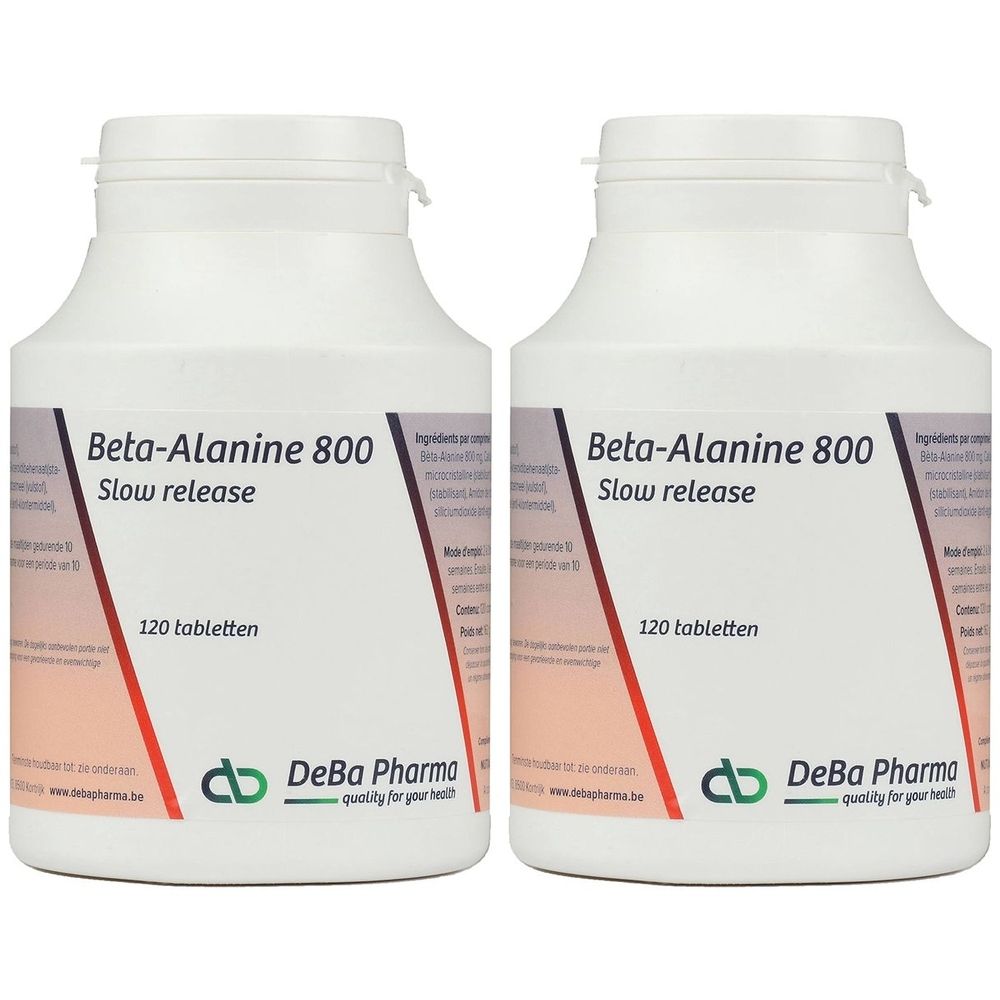 Deux flacons blancs avec étiquettes. Inscription : Beta-Alanine 800, Slow release, 120 tabletten. Marque : DeBa Pharma.