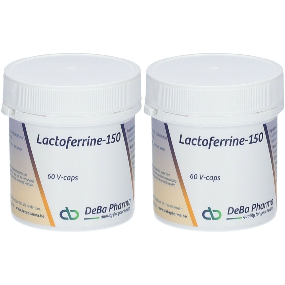 Deux boîtes blanches avec couvercles. Inscription: Lactoferrine-150, 60 V-caps. Logo et nom: DeBa Pharma.