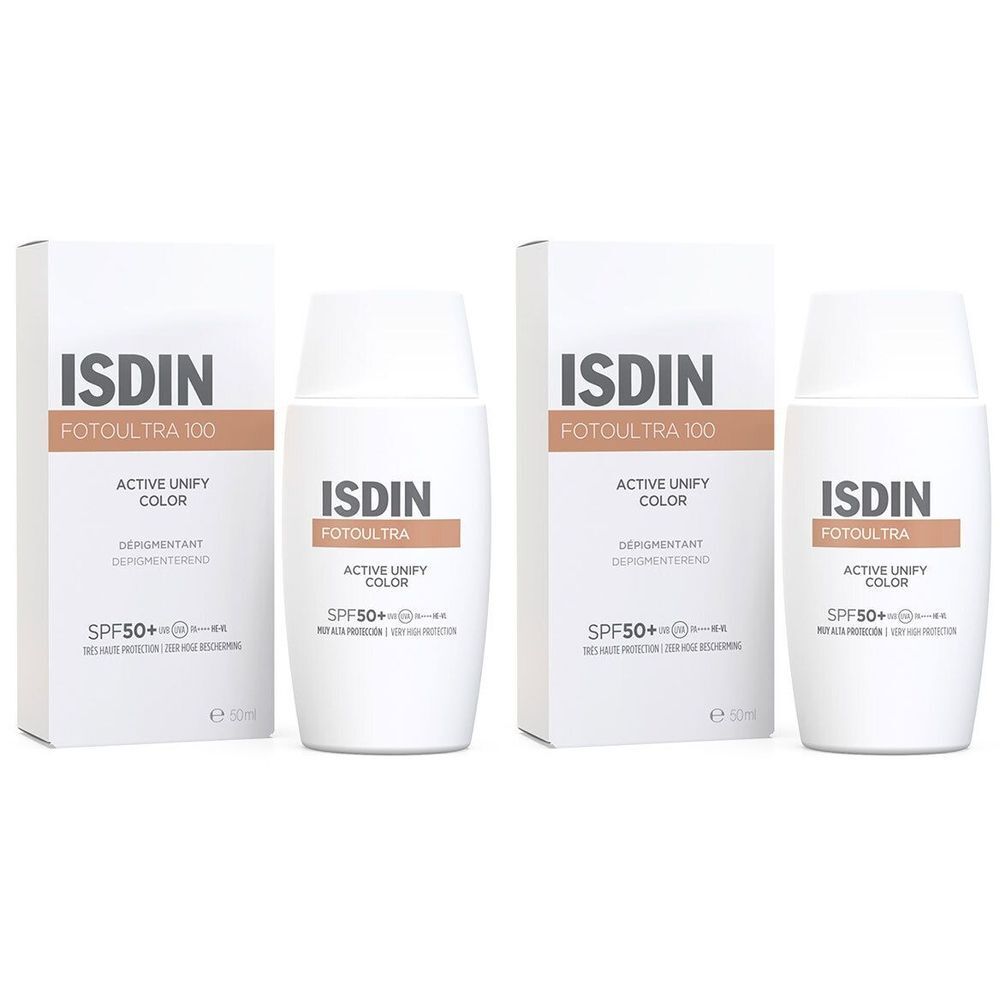 Deux flacons et deux boîtes avec l'inscription ISDIN FOTOULTRA 100 ACTIVE UNIFY COLOR. SPF50+ est indiqué sur les flacons et les boîtes.